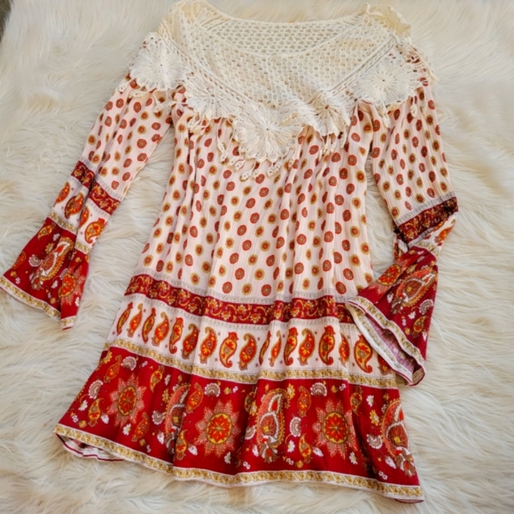 Tassels Lace Dress Cream Orange Paisley Boho Long Sleeve Crochet Peasant Neck S - Picture 1 of 10